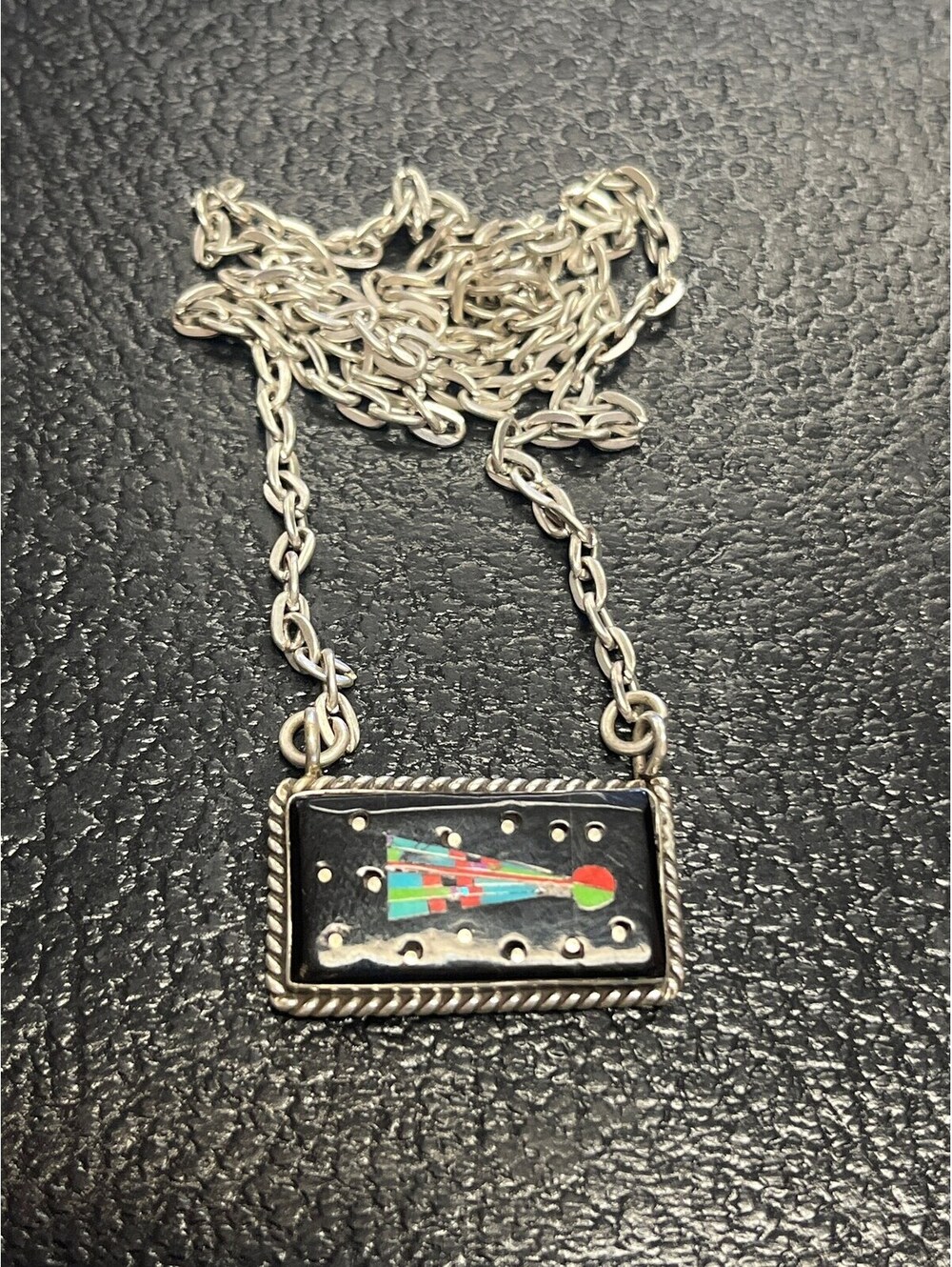 Native American Navajo handmade sterling silver multi stone sky inlay pendant